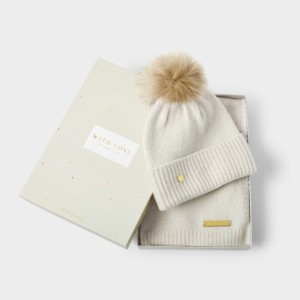 Katie Loxton Boxed Hat and Scarf Set in Off White